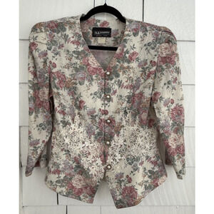 VTG SL Fashions 12 Floral & Crochet Blazer w/ Gold Trim Pearl Buttons Grannycore